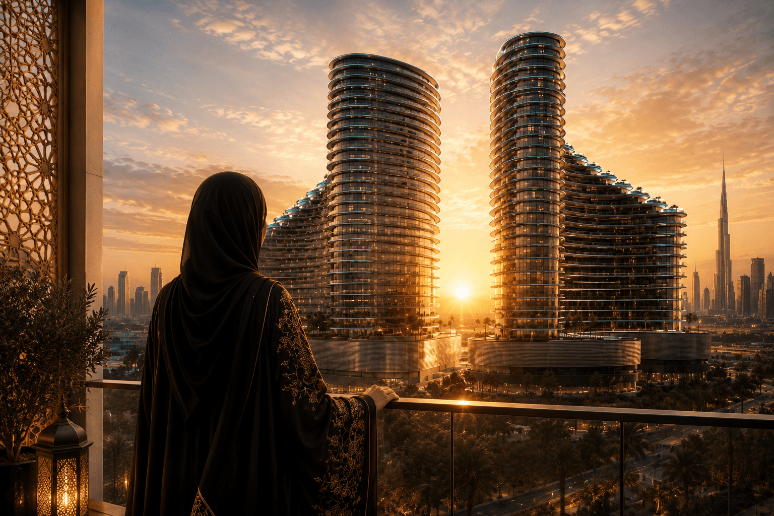Binghatti property towers at sunset